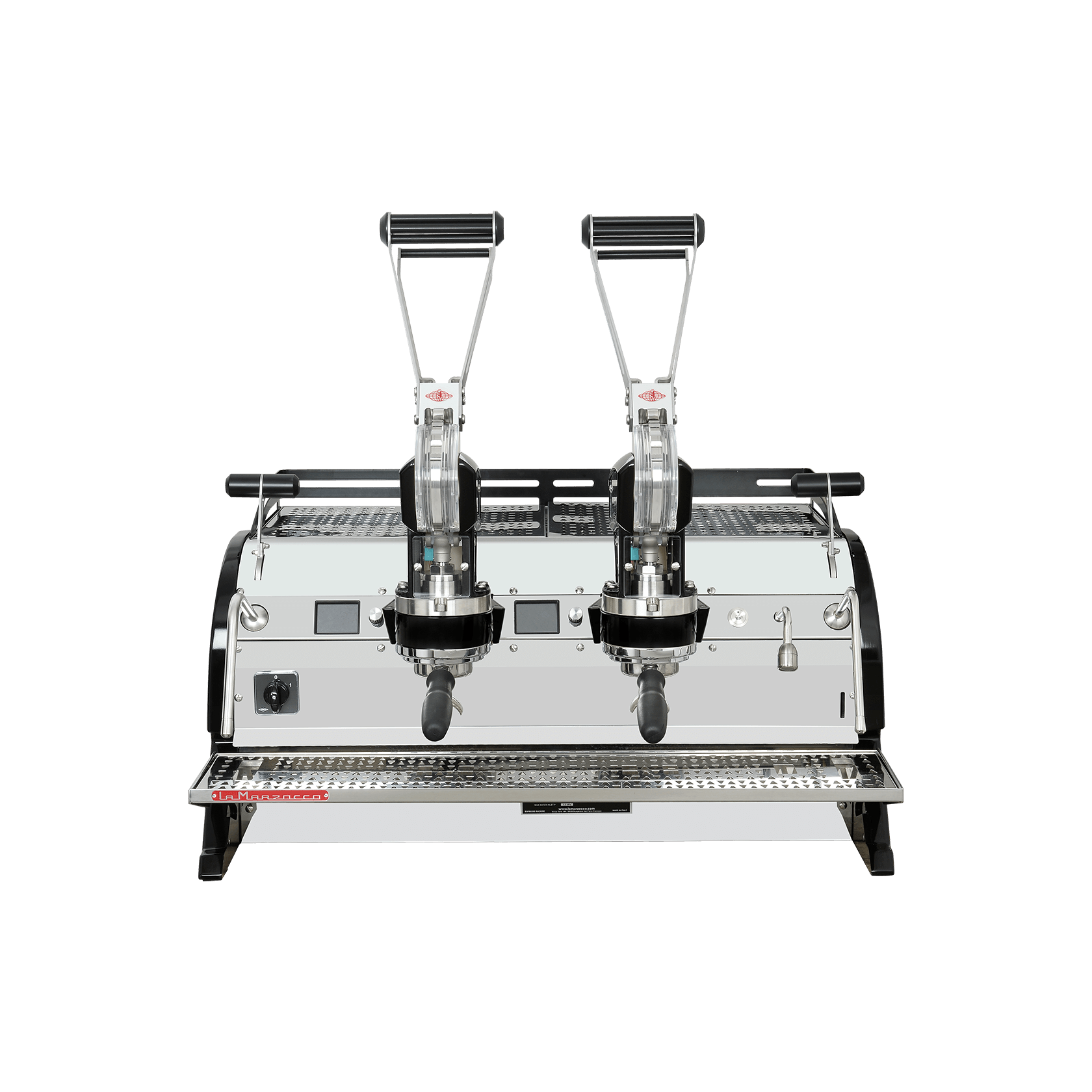 La Marzocco Leva X – manuelle Espressomaschine mit zwei Brühgruppen, integriertem Display zur Druck- und Temperaturanzeige sowie innovativem Hebelsystem für maximale Kontrolle; Edelstahlgehäuse, Dampfrohre und großzügige Abstellfläche machen sie ideal für den Einsatz in der Gastronomie oder zu Hause.