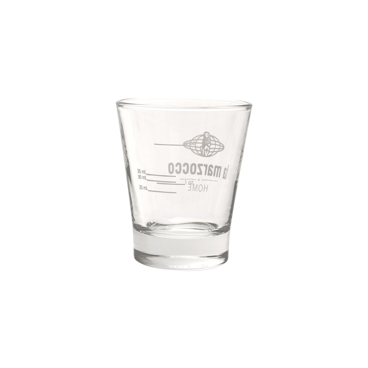 La Marzocco Home Shotglas mit Logo und ml-Skala (25 ml, 30 ml, 35 ml) – ideal zur präzisen Kontrolle von Espresso-Shots; Teil eines 6er Sets für Barista-Anwendungen.
