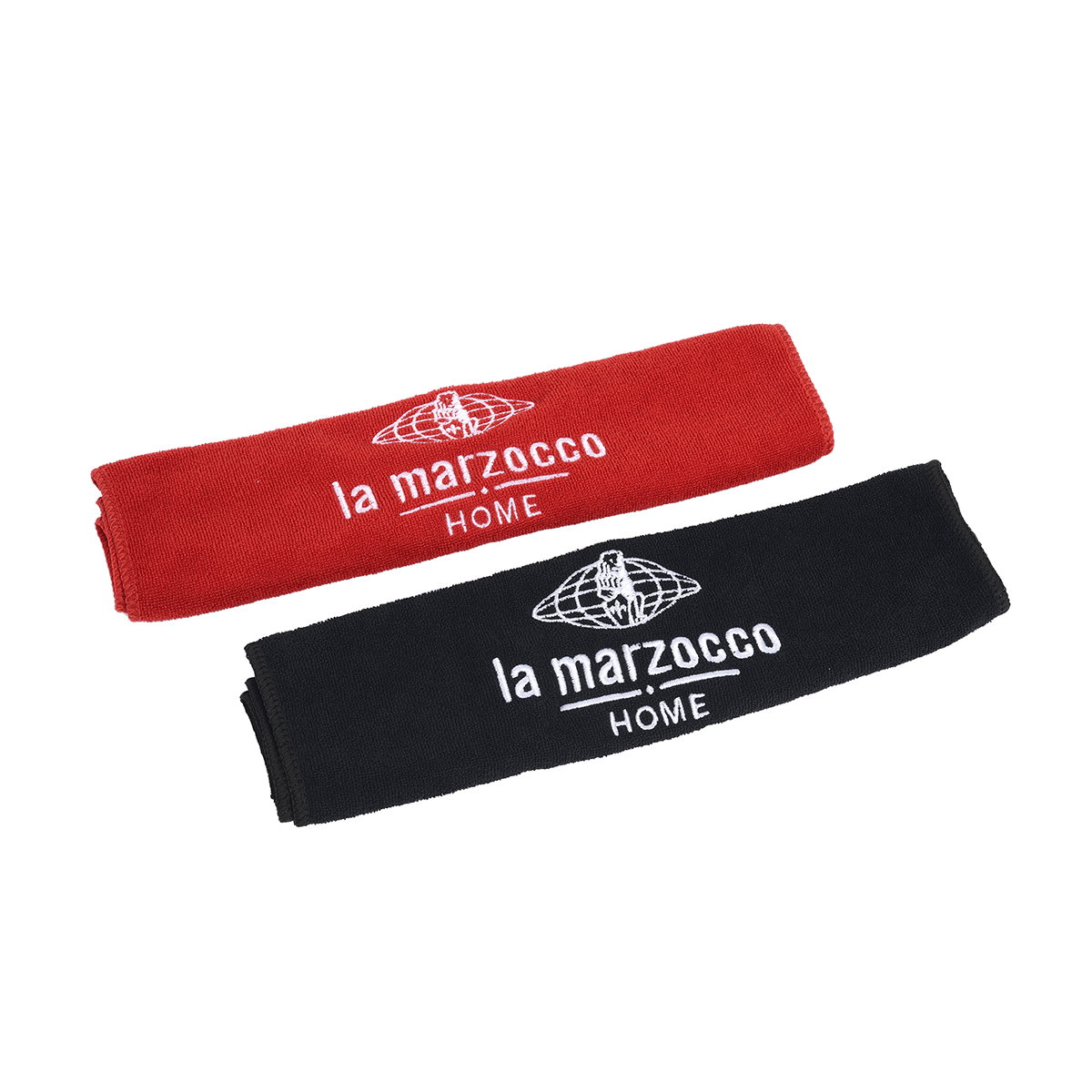 Baristatücher-Set von La Marzocco Home, bestehend aus einem schwarzen und einem roten Tuch mit gesticktem Logo – ideal zum Reinigen von Siebträgern, Dampflanzen und Arbeitsflächen in der Kaffeebar.