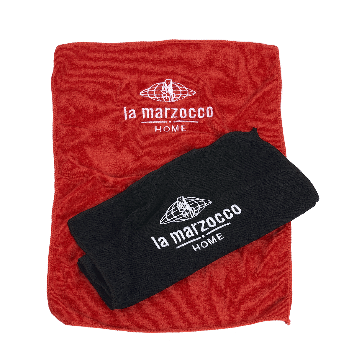 Baristatücher-Set von La Marzocco Home, bestehend aus einem schwarzen und einem roten Tuch mit gesticktem Logo – ideal zum Reinigen von Siebträgern, Dampflanzen und Arbeitsflächen in der Kaffeebar.