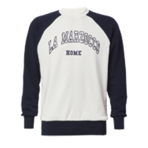 Zweifarbiger Sweatshirt-Pullover mit weißen Vorder- und Rückenteilen sowie dunkelblauen Ärmeln, Bündchen und Kragen. Auf der Vorderseite befindet sich ein großer, geschwungener Schriftzug „LA MARZOCCO“