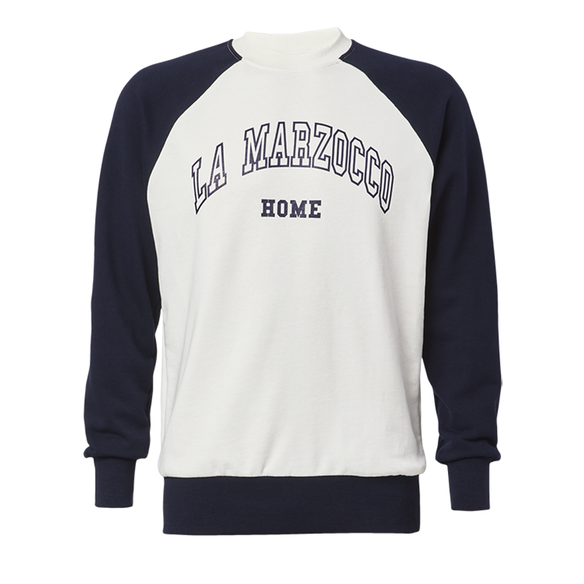 Zweifarbiger Sweatshirt-Pullover mit weißen Vorder- und Rückenteilen sowie dunkelblauen Ärmeln, Bündchen und Kragen. Auf der Vorderseite befindet sich ein großer, geschwungener Schriftzug „LA MARZOCCO“