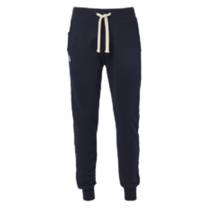 Dunkelblaue Jogginghose mit elastischem Bund und weißen Kordelzügen. Die Hose hat Bündchen an den Knöcheln und ein kleines gesticktes La-Marzocco-Löwenlogo auf der linken Seite unterhalb der Tasche.