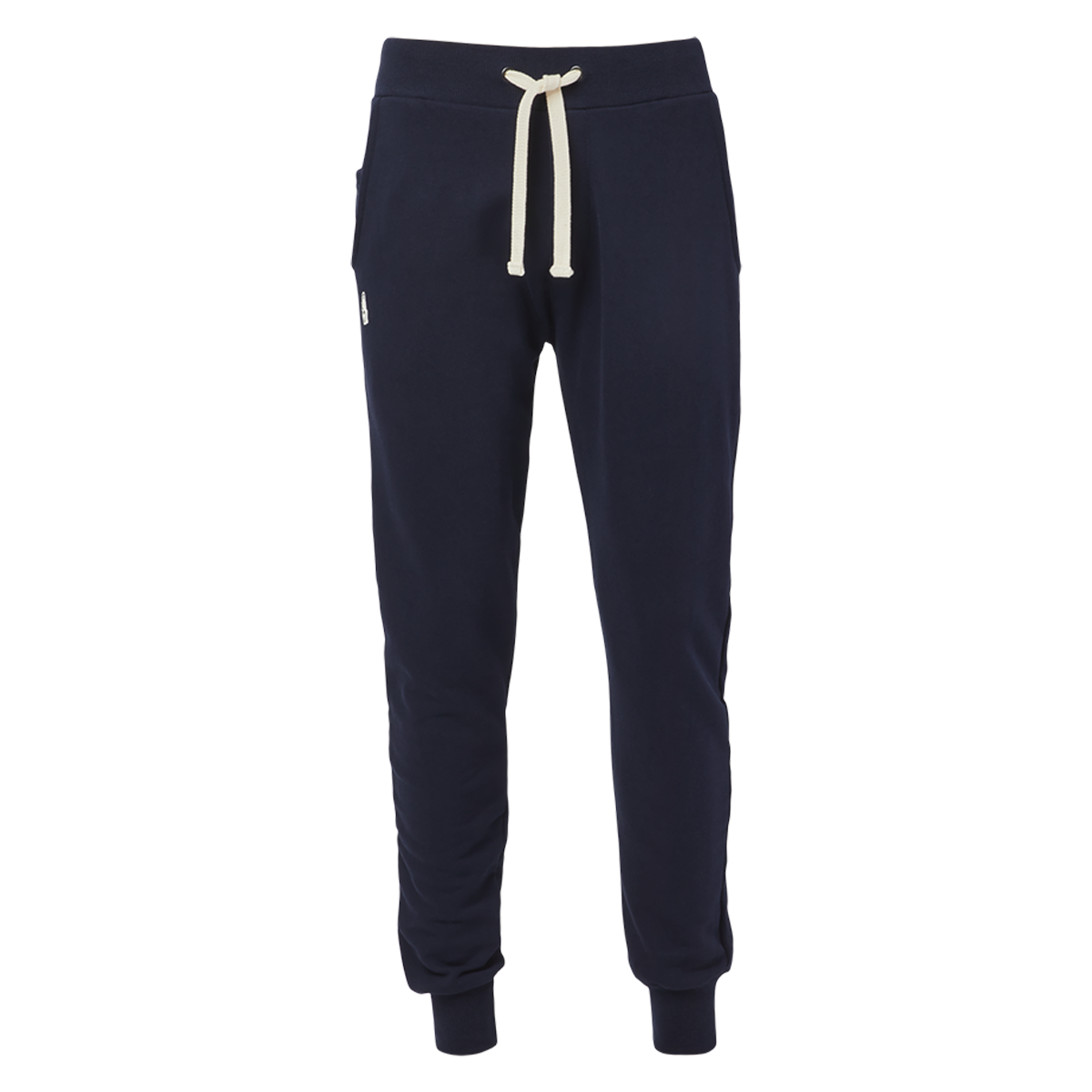 Dunkelblaue Jogginghose mit elastischem Bund und weißen Kordelzügen. Die Hose hat Bündchen an den Knöcheln und ein kleines gesticktes La-Marzocco-Löwenlogo auf der linken Seite unterhalb der Tasche.