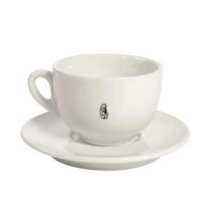 Weiße Cappuccino-Tasse mit passender Untertasse aus Porzellan.