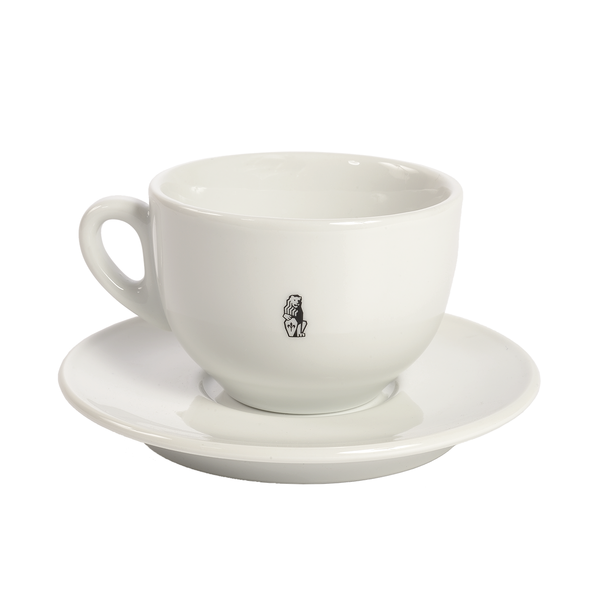 Weiße Cappuccino-Tasse mit passender Untertasse aus Porzellan.