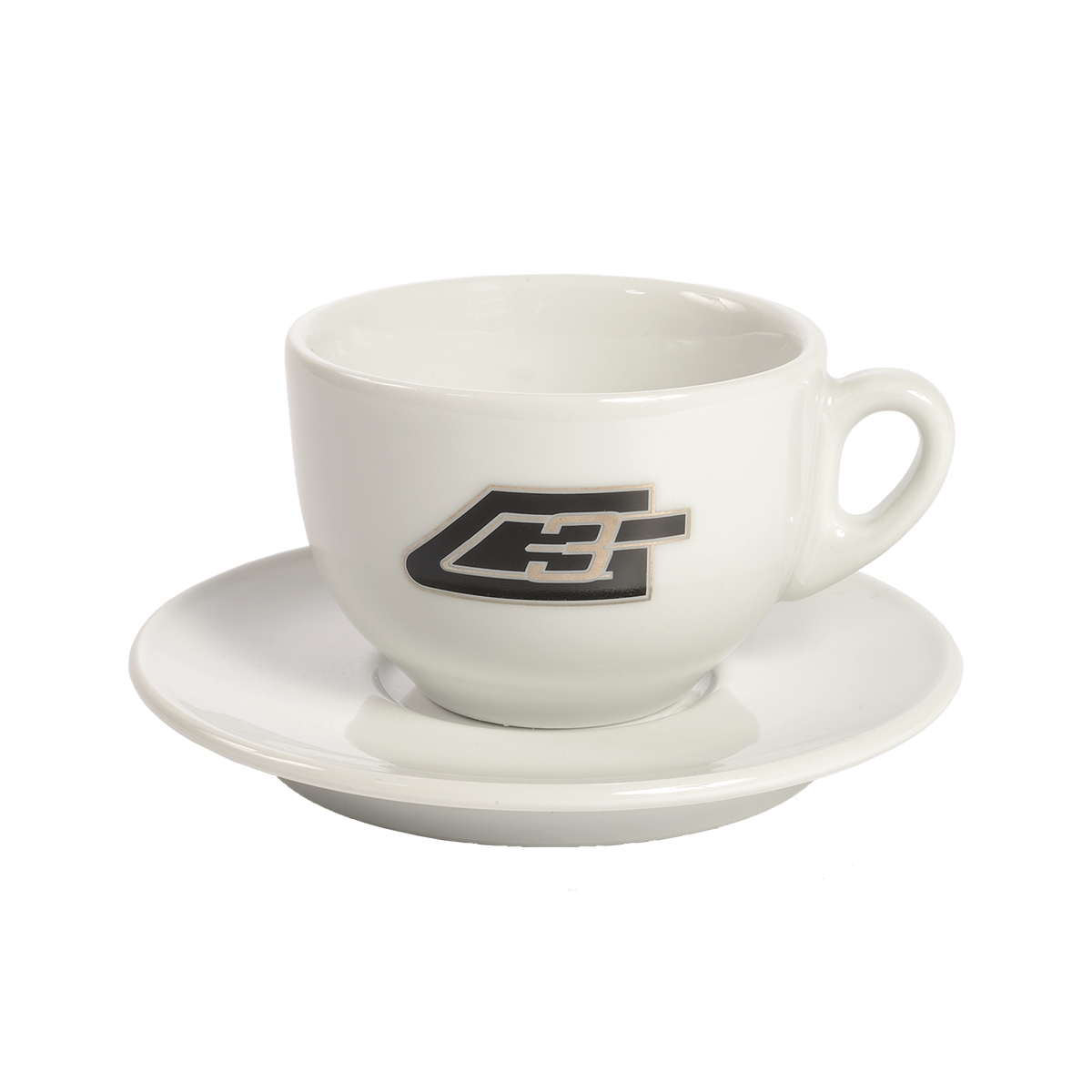 Weiße Cappuccino-Tasse mit passender Untertasse aus Porzellan.