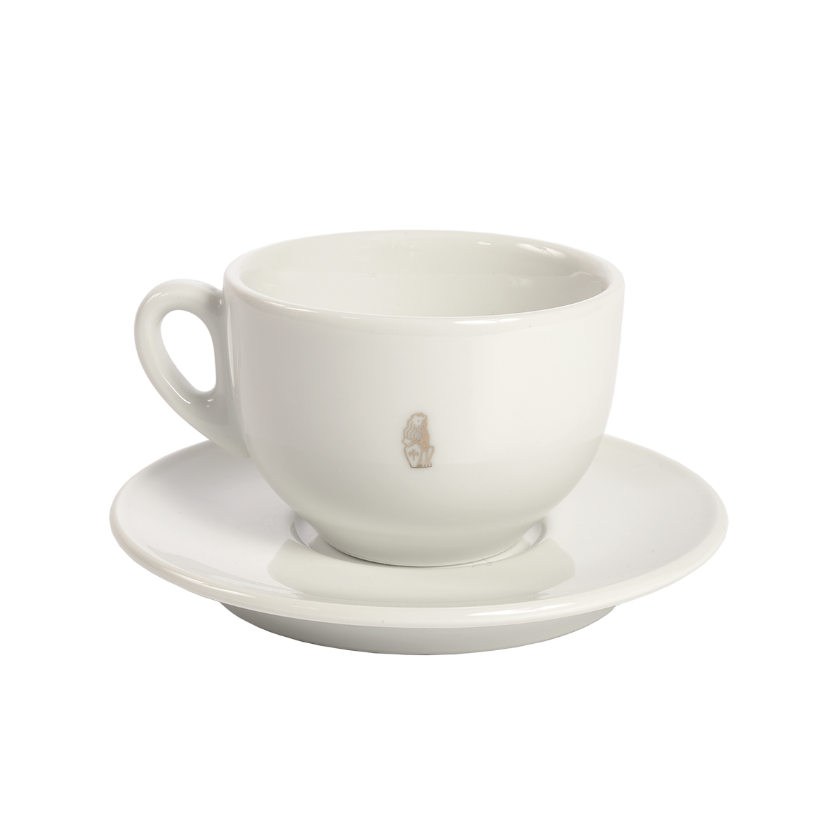 Weiße Cappuccino-Tasse mit passender Untertasse aus Porzellan. Auf der Vorderseite der Tasse ist ein kleines, dezentes Löwen-Logo von La Marzocco aufgedruckt.