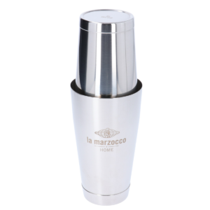 Zweiteiliger Cocktailshaker aus Edelstahl, einer mit „La Marzocco Home“-Logo graviert – ideal für die Zubereitung von Kaffee-Cocktails oder klassischen Drinks.