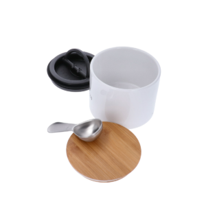 Weißer Airscape® Bohnenbehälter mit „La Marzocco Home“-Logo, luftdichtem Innendeckel, Bambusdeckel und Edelstahllöffel – zur aromasicheren Aufbewahrung von Kaffeebohnen.