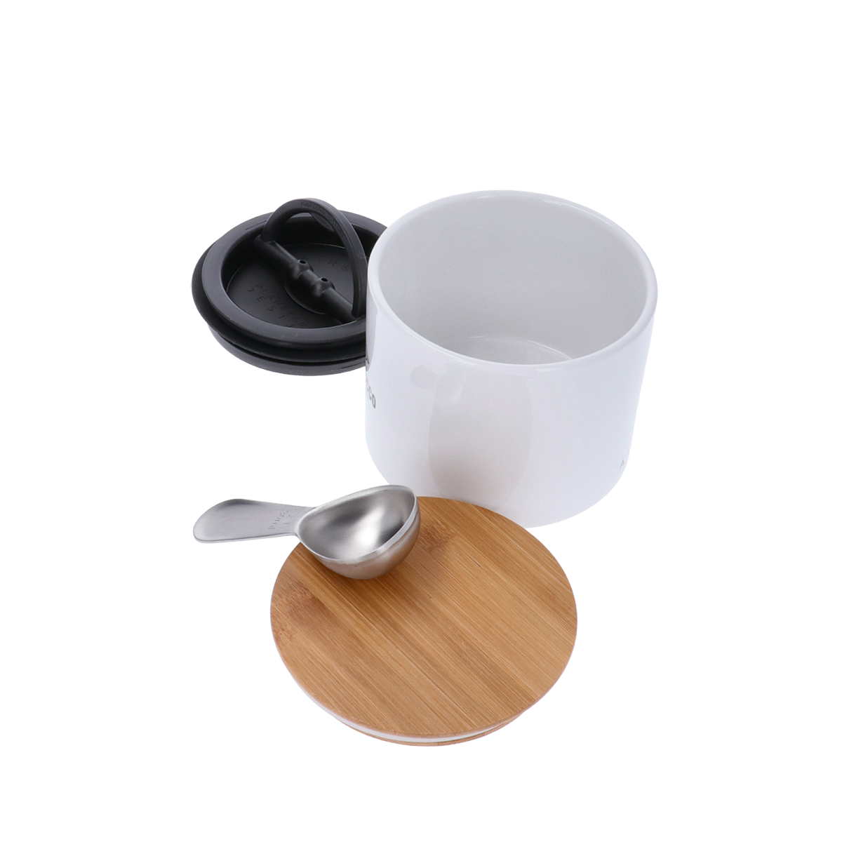 Weißer Airscape® Bohnenbehälter mit „La Marzocco Home“-Logo, luftdichtem Innendeckel, Bambusdeckel und Edelstahllöffel – zur aromasicheren Aufbewahrung von Kaffeebohnen.