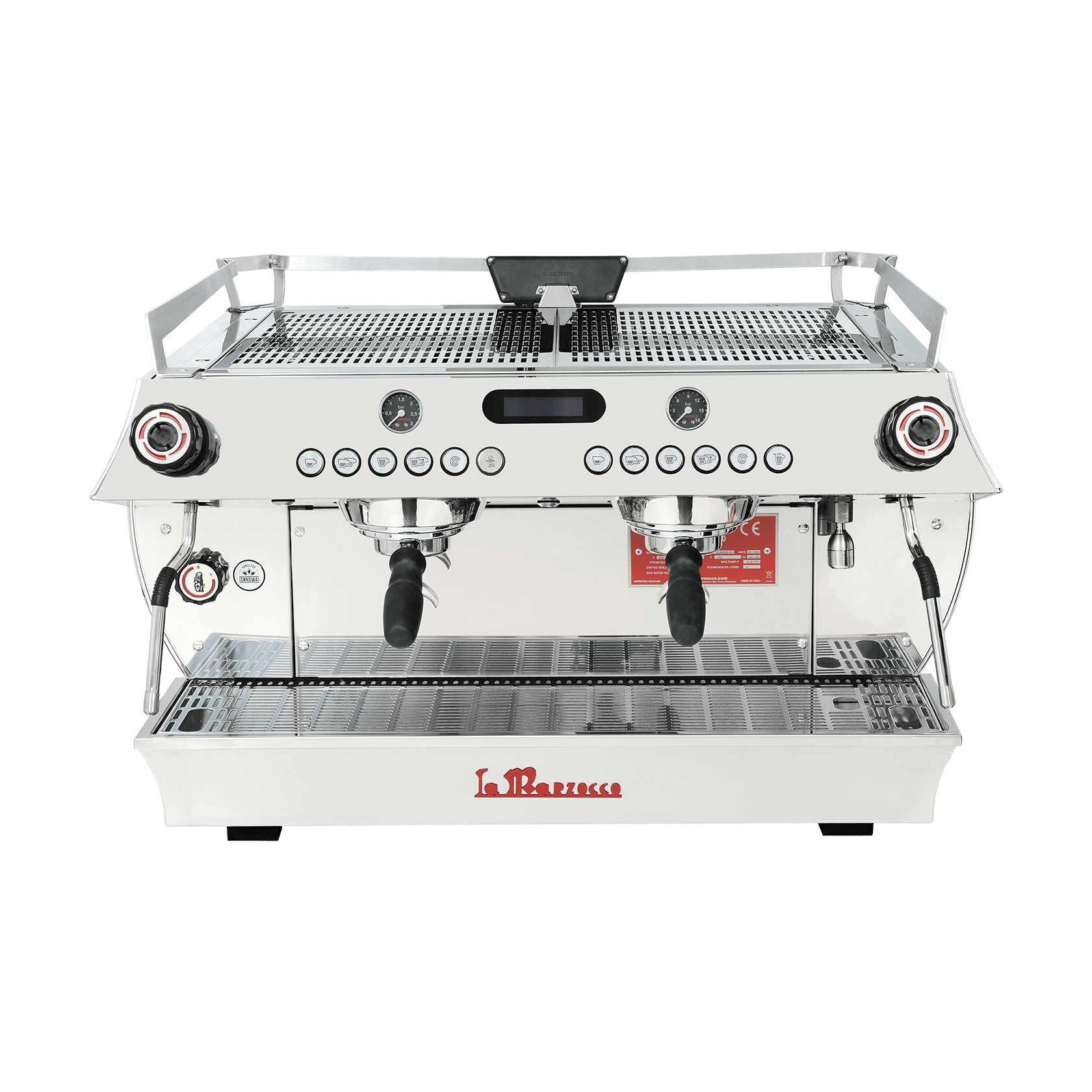 La Marzocco GB5 – klassische Siebträgermaschine mit zwei Brühgruppen, analoger Druckanzeige und digitalem Display; ausgestattet mit Dualboiler-System und großer Arbeitsfläche für stabile Espressoqualität in der Gastronomie oder zu Hause.