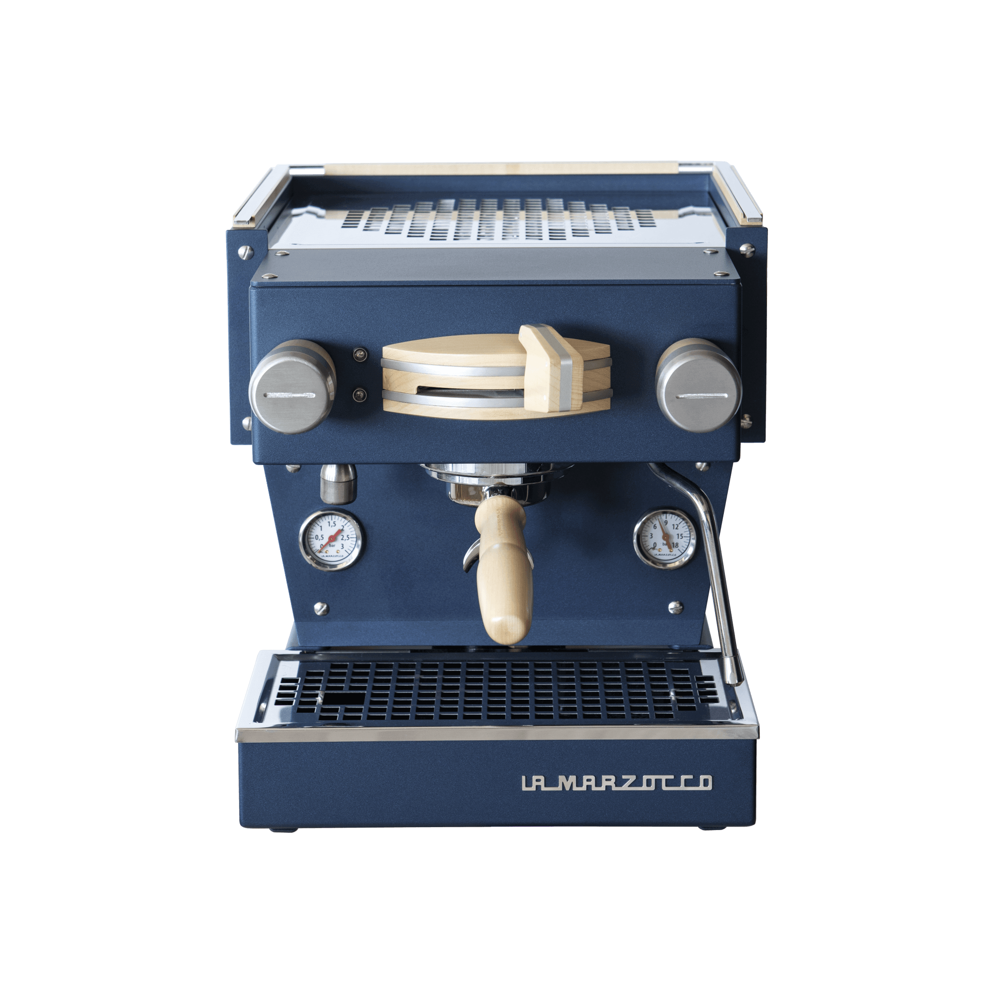 La Marzocco Nordic Linea Mini – professionelle Siebträgermaschine in Blau mit edlen Holz-Details, ideal für den Einsatz in der Gastronomie. Ausgestattet mit Dampflanze, Doppel-Manometer, robustem Edelstahl-Abtropfgitter und präziser Temperatursteuerung für höchste Ansprüche in der Kaffeezubereitung.