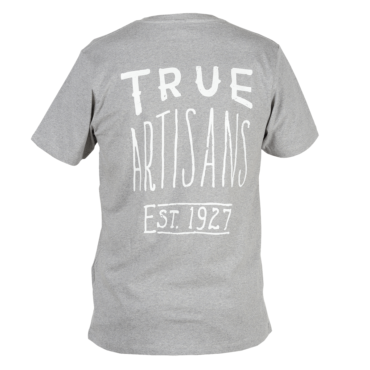Graues T-Shirt mit weißem Print "True Artisans Est. 1927" auf dem Rücken – Barista-Shirt im Casual-Look, ideal für Kaffeeliebhaber, Cafépersonal oder Fans von La Marzocco