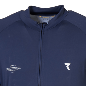 Dunkelblaues La Marzocco Radtrikot mit durchgehendem Reißverschluss und dezenten weißen Logos – funktionelles und atmungsaktives Cycling-Jersey für stilbewusste Kaffeefans auf dem Rennrad.