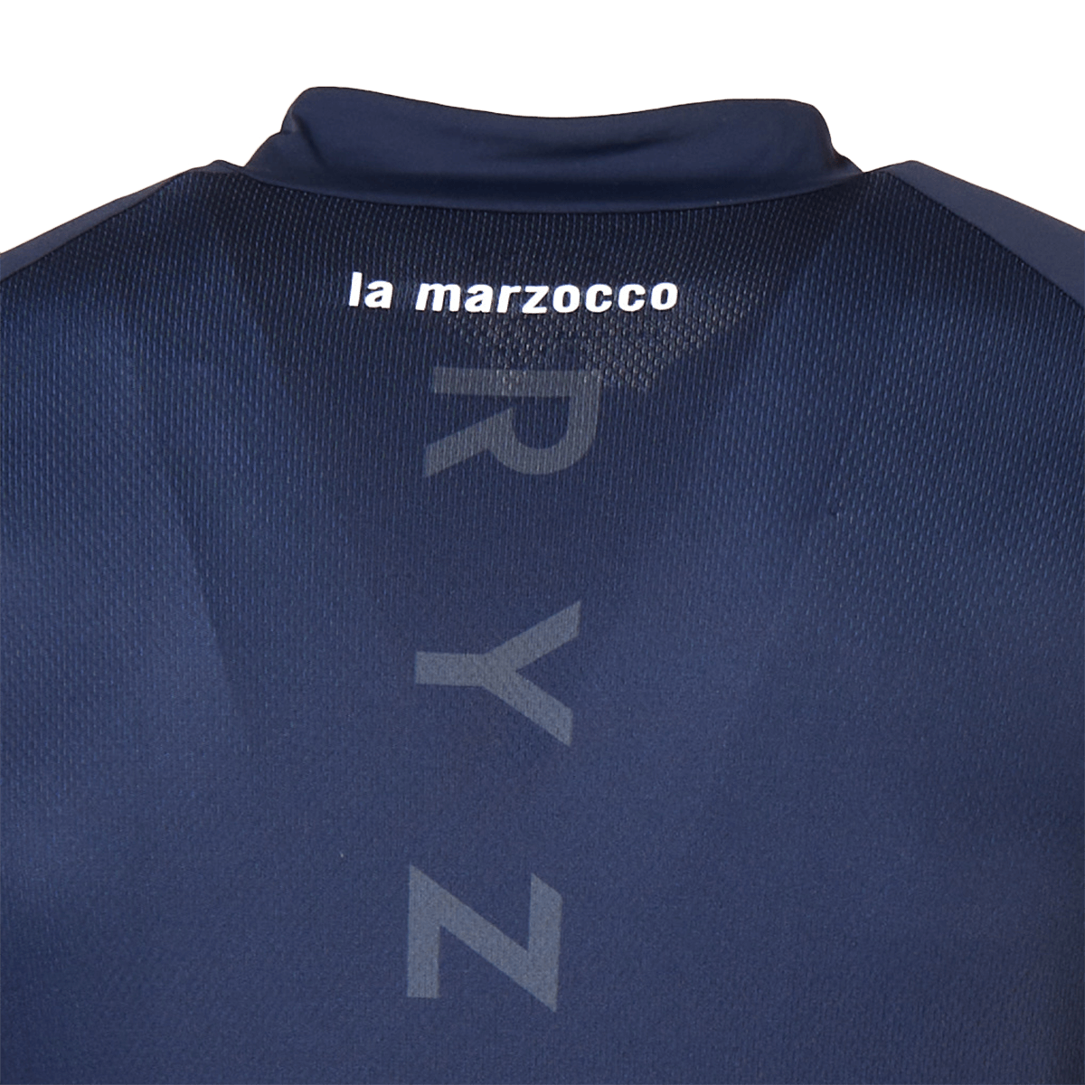 Dunkelblaues La Marzocco Radtrikot mit durchgehendem Reißverschluss und dezenten weißen Logos – funktionelles und atmungsaktives Cycling-Jersey für stilbewusste Kaffeefans auf dem Rennrad.