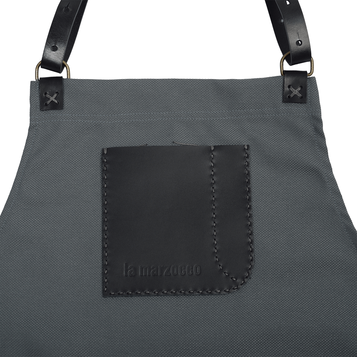 La Marzocco Barista-Schürze aus robustem, wasserdichtem Segeltuch mit hochwertiger Lederapplikation.