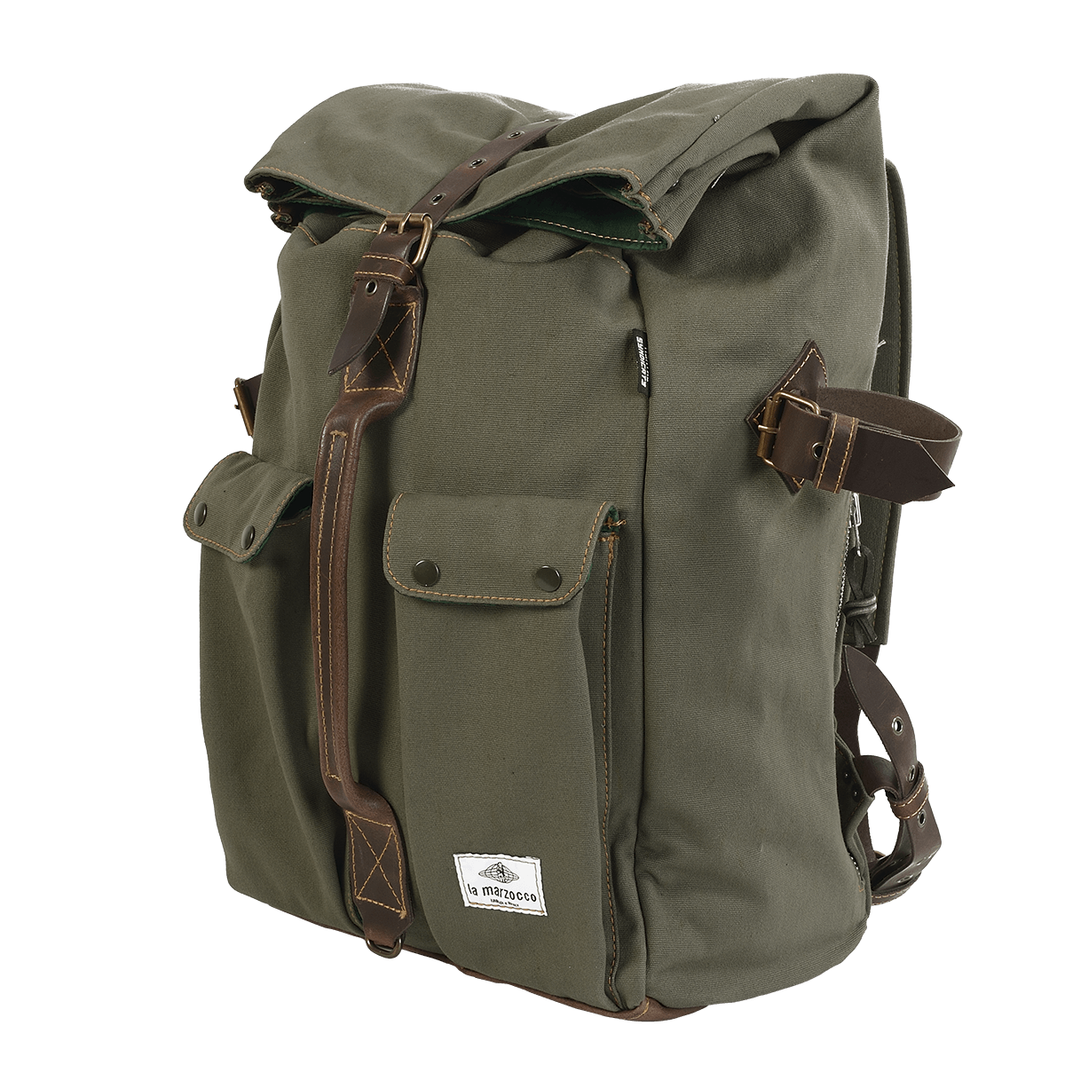 Robuster Canvas-Rucksack in Olivgrün mit La Marzocco Patch – ideal für Baristas, die auch unterwegs nicht auf Stil und Funktionalität verzichten möchten. Perfekt geeignet als Transportlösung für Barista Tools, Zubehör für die Kaffeezubereitung oder als stilvolles Café-Equipment im Alltag.
