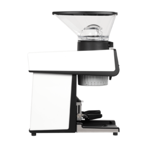 Seitliche Ansicht der La Marzocco Espressomühle in Weiß – präzise Mühle für Siebträgermaschinen, Espressomaschinen oder Kaffeemaschinen. Perfekt für anspruchsvolle Baristas in der Gastronomie und für Kaffee-Enthusiasten zu Hause. Hochwertige Verarbeitung und stilvolles Design.