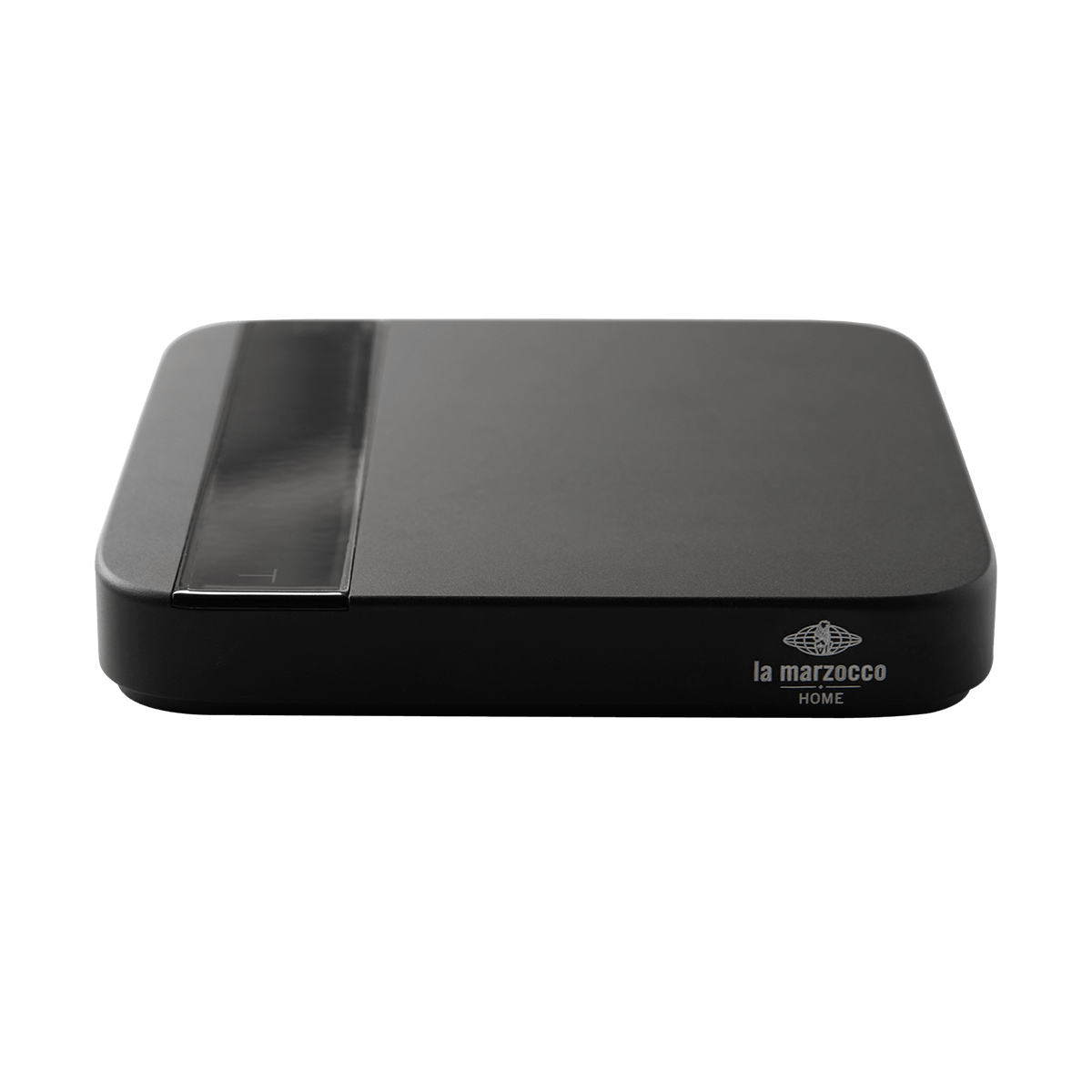 Frontansicht der La Marzocco Home Waage in Schwarz – digitale Präzisionswaage für Baristas, perfekt für die Zubereitung von Espresso und Kaffee mit Siebträgermaschine oder Espressomaschine. Hochwertiges Zubehör für professionelle Ergebnisse zu Hause.
