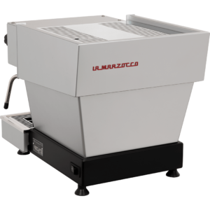 Rückansicht der La Marzocco Linea Mini in Silber matt – professionelle Espressomaschine im kompakten Format, ideal für Gastronomiebetriebe und Kaffeegenuss zu Hause. Mit sichtbarem Markenlogo und eleganter Gehäuseform