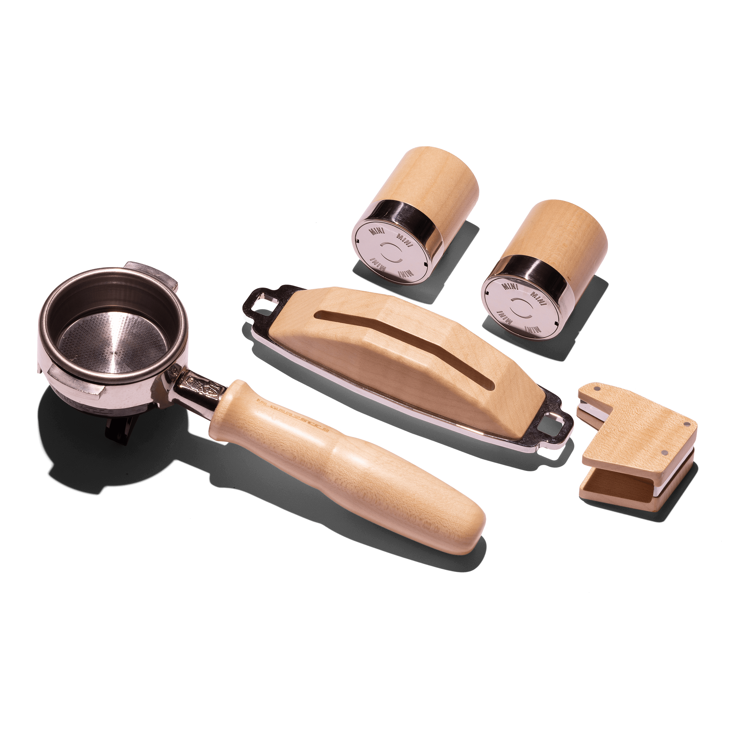 Komplettes La Marzocco Linea Mini Customization Kit mit Zubehör aus hellem Holz: Siebträgergriff, Paddel, Paddelabdeckung und zwei Drehventile – stilvolle Aufwertung für Espressomaschinen in Gastronomie und für professionelle Kaffeezubereitung zu Hause
