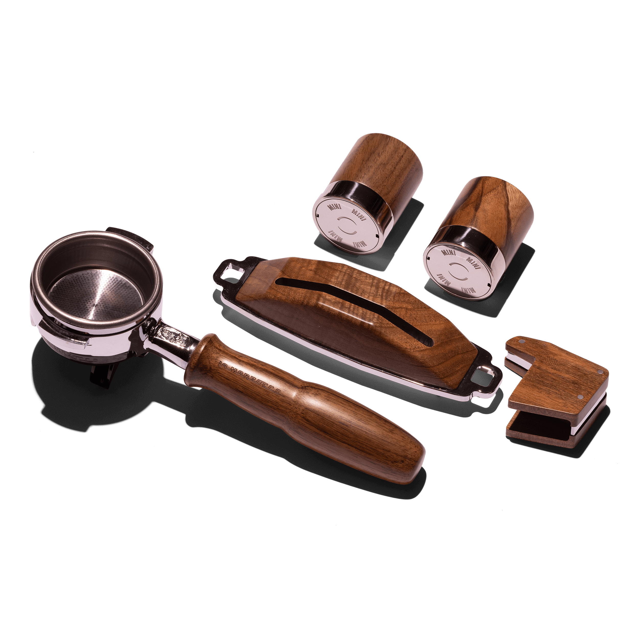 Komplettes La Marzocco Linea Mini Customization Kit mit Zubehör aus dunklerem Holz: Siebträgergriff, Paddel, Paddelabdeckung und zwei Drehventile – hochwertige Ausstattung für Espressomaschinen in der Gastronomie und für professionelle Kaffeezubereitung zu Hause