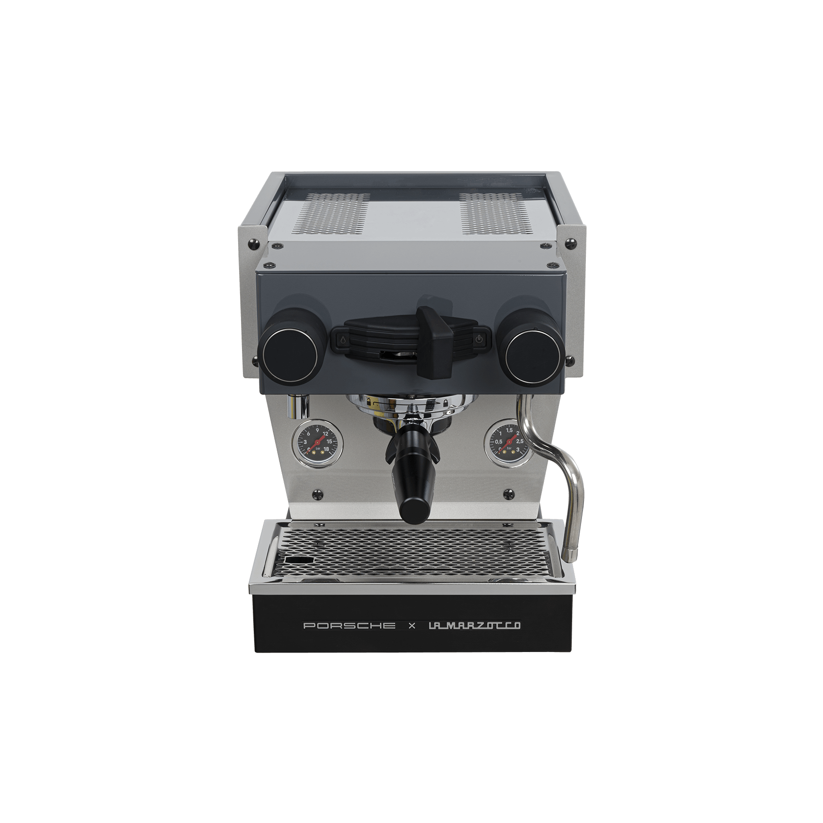 Frontansicht der Porsche x La Marzocco Espressomaschine – exklusive Siebträgermaschine in modernem Design mit zwei Manometern, hochwertige Kaffeemaschine für Baristas