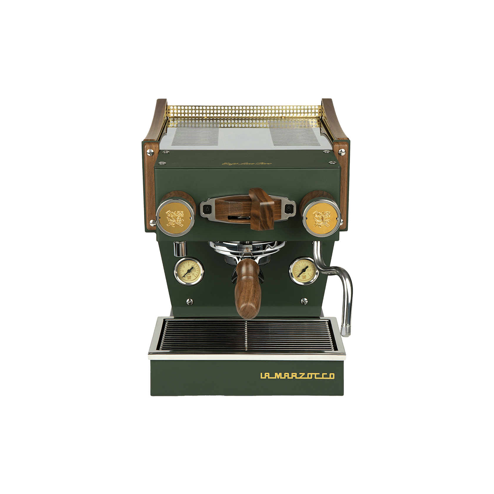Frontansicht einer hochwertigen Espressomaschine mit tiefgrünem Gehäuse, goldenen Bedienelementen, zwei Druckanzeigen und edlen Holzelementen – kompakte Bauform für präzise Kaffeezubereitung