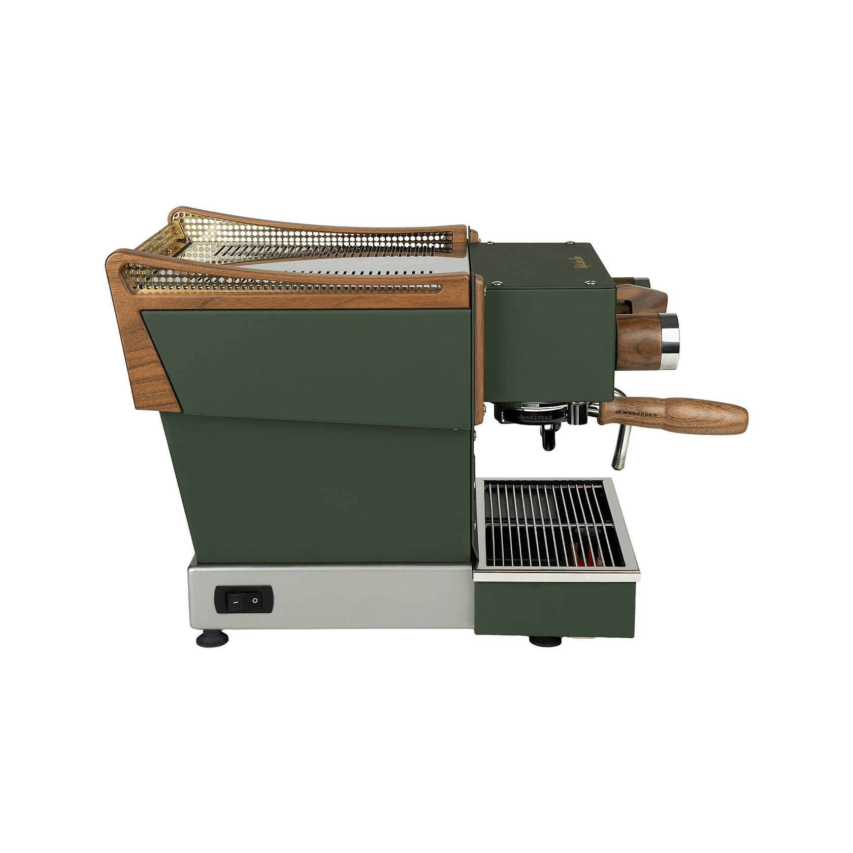 La Marzocco Kaffeemaschine in Grün mit Holzelementen – Seitenansicht der handgefertigten Siebträgermaschine aus Italien