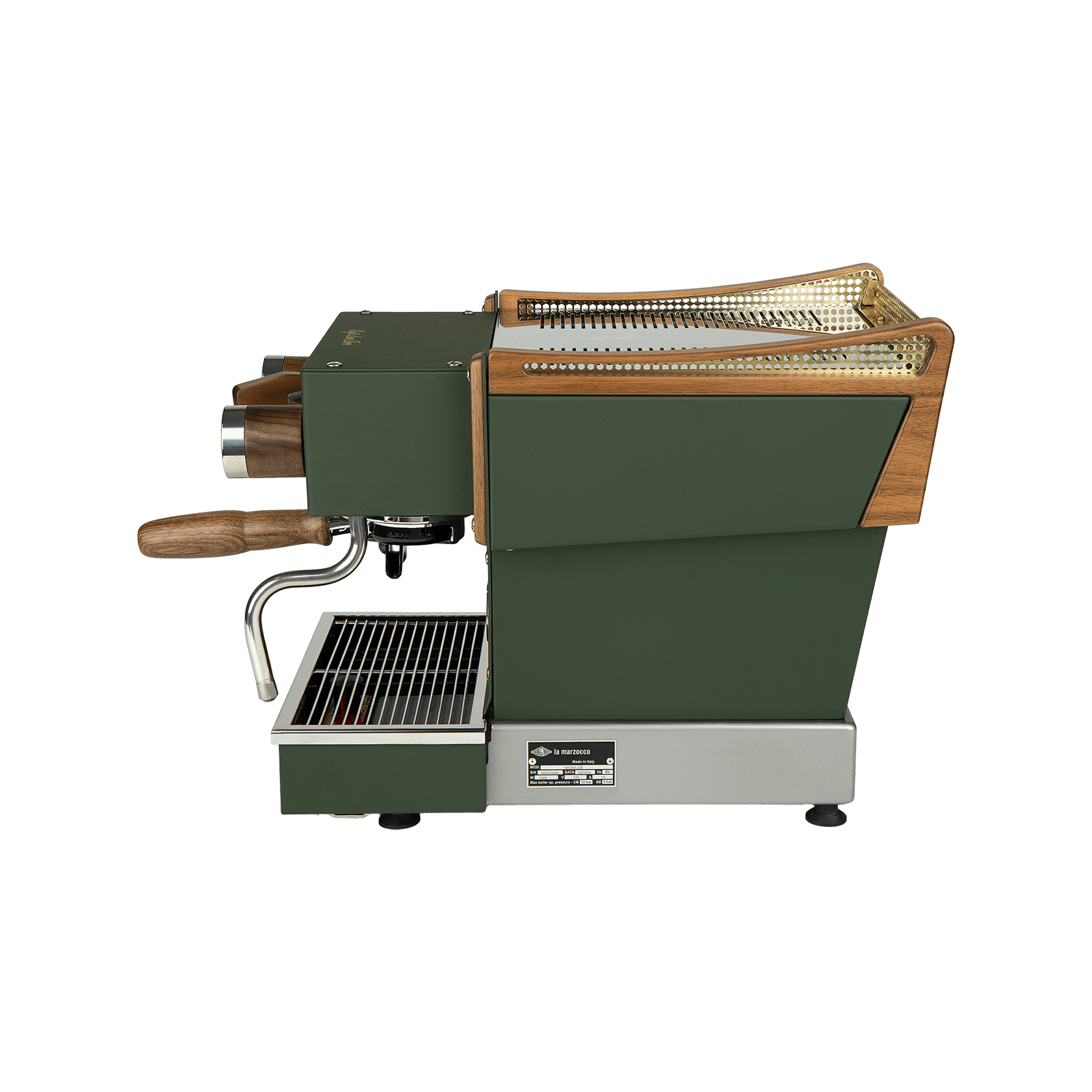 La Marzocco Kaffeemaschine in Grün mit Holzelementen – Seitenansicht der handgefertigten Siebträgermaschine aus Italien