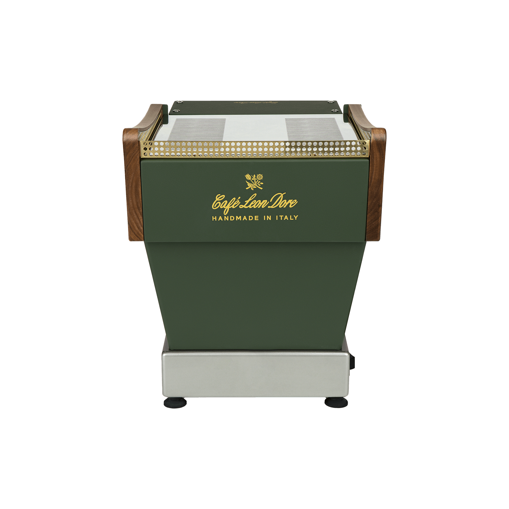 Rückansicht der La Marzocco Linea Micra – Café Leon Dore Logo, grünes Gehäuse mit Holz und Messingdetails, Handmade in Italy