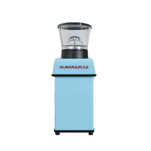 Rückansicht der La Marzocco Pico Espressomühle in Blau – elegante Kaffeemühle mit klarer Linienführung, Bohnenbehälter und La Marzocco Logo.