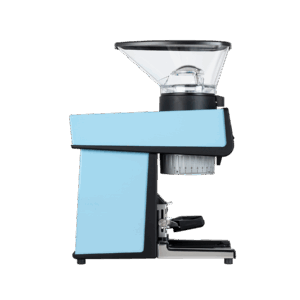 Seitenansicht der La Marzocco Pico Blau Kaffeemühle – hochwertige Espressomühle mit verstellbarer Siebträgergabel und automatisch schließendem Bohnenbehälter.